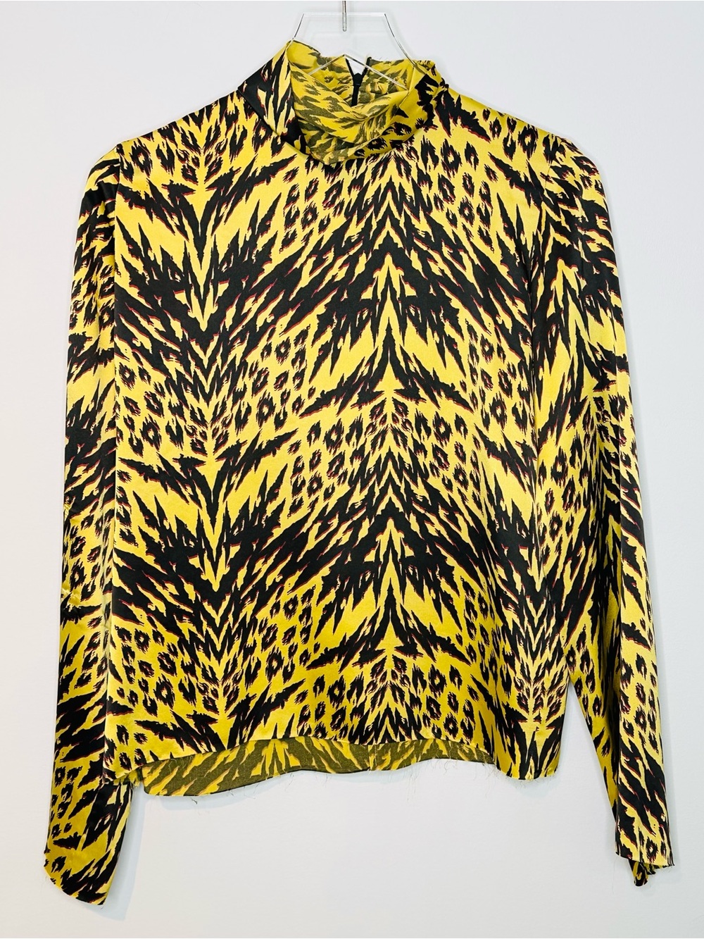 Aries Arise Citron Yellow Black Animal Print Mock Neck Satin Blouse Shirt Top